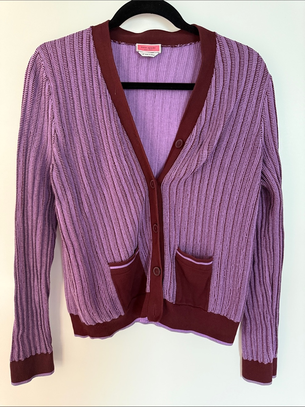 kate spade Lavender Ribbed Cardigan with Maroon Trim